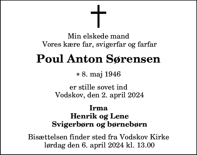 Dødsannonce for Poul Anton Sørensen