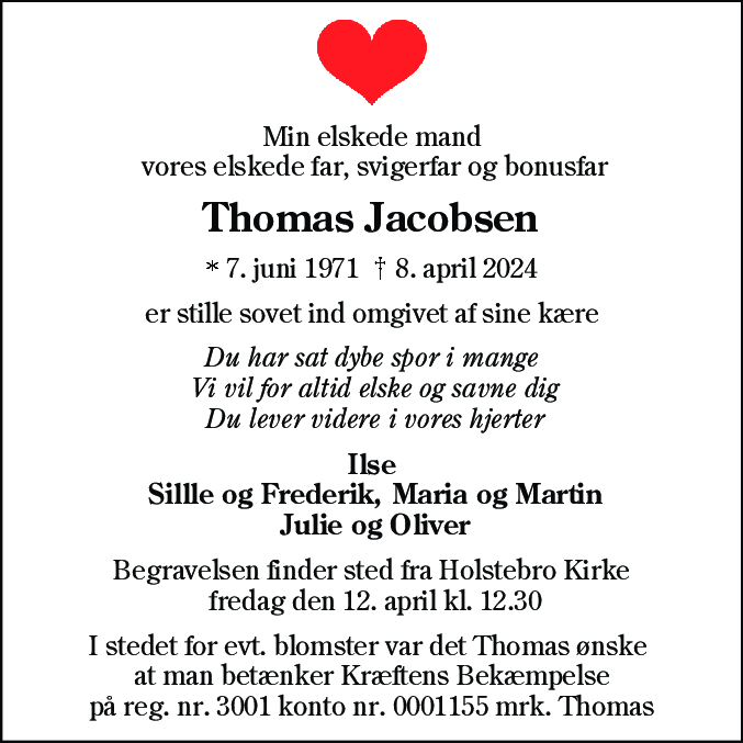 Dødsannonce for Thomas Jacobsen