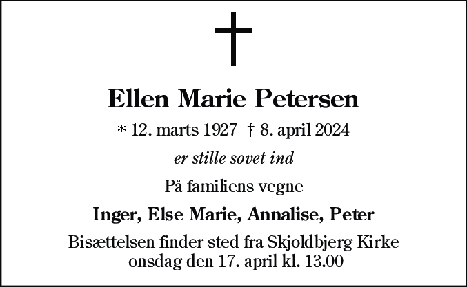 Dødsannonce for Ellen Marie Petersen