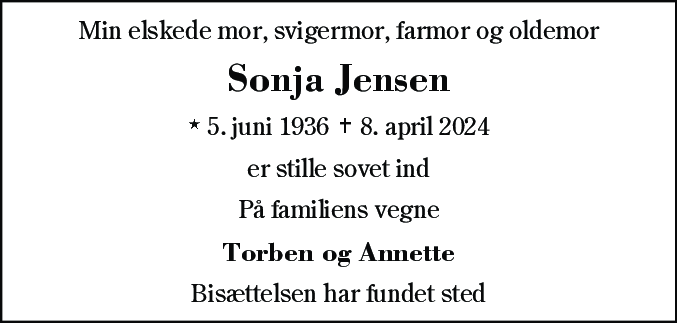Dødsannonce for Sonja Jensen