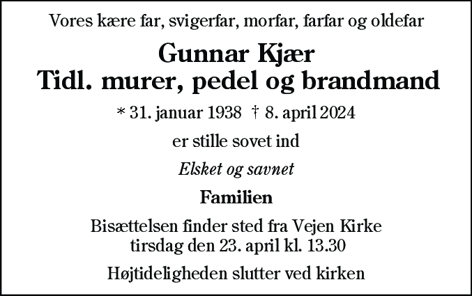Dødsannonce for Gunnar Kjær