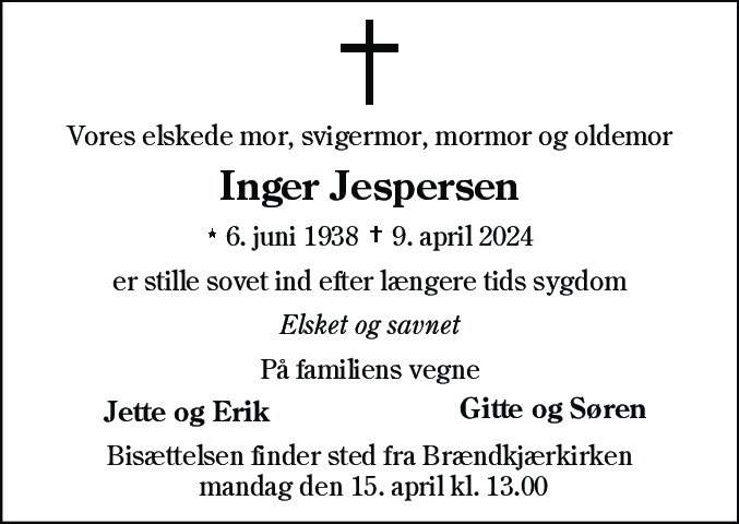 Dødsannonce for Inger Jespersen