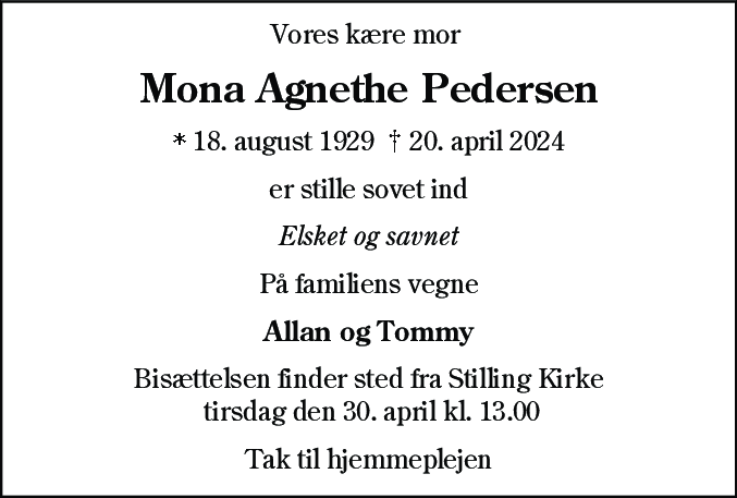 Dødsannonce for Mona Agnethe Pedersen