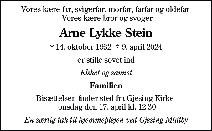 Dødsannonce for Arne Lykke Stein