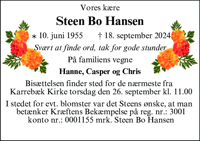 Dødsannonce for Steen Bo Hansen
