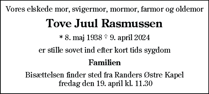Dødsannonce for Tove Juul Rasmussen