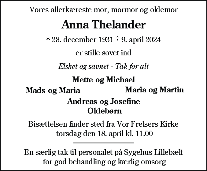 Dødsannonce for Anna Thelander