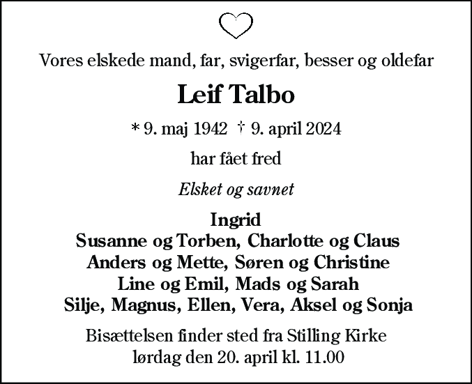 Dødsannonce for Leif Talbo