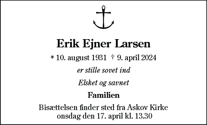 Dødsannonce for Erik Ejner Larsen