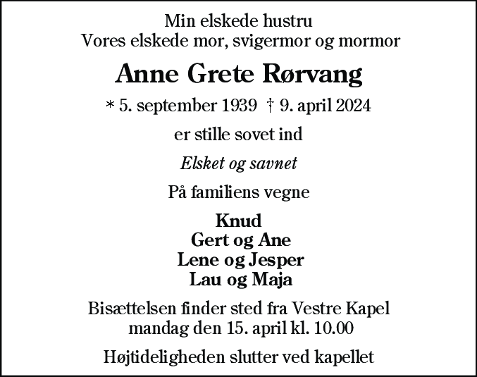 Dødsannonce for Anne Grete Rørvang