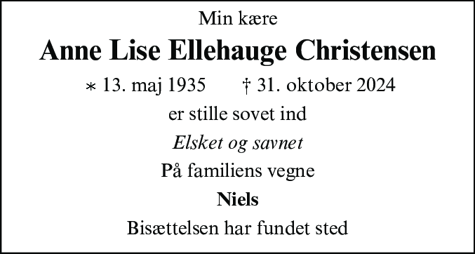 Dødsannonce for Anne Lise Ellehauge Christensen