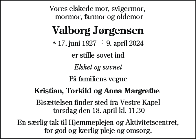 Dødsannonce for Valborg Jørgensen