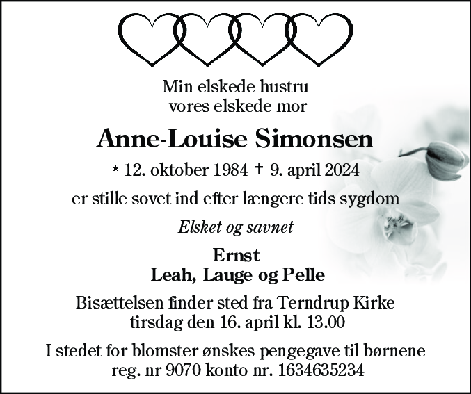 Dødsannonce for Anne-Louise Simonsen