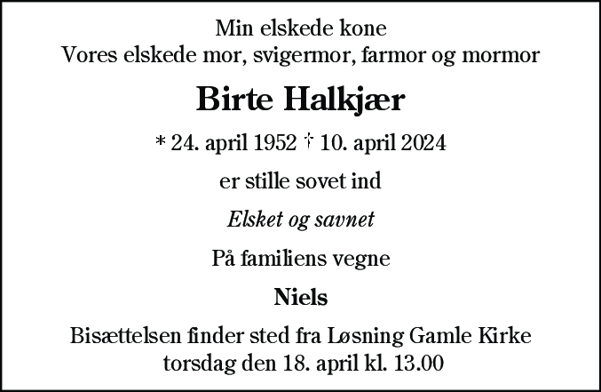 Dødsannonce for Birte Halkjær