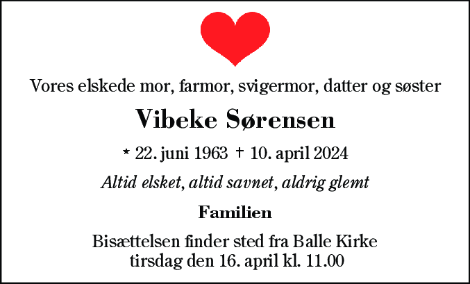 Dødsannonce for Vibeke Sørensen