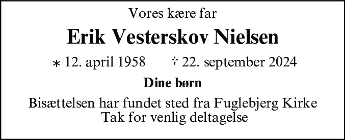 Dødsannonce for Erik Vesterskov Nielsen