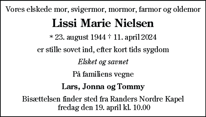 Dødsannonce for Lissi Marie Nielsen