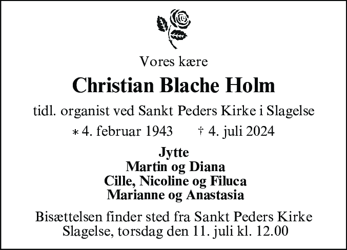 Dødsannonce for Christian Blache Holm
