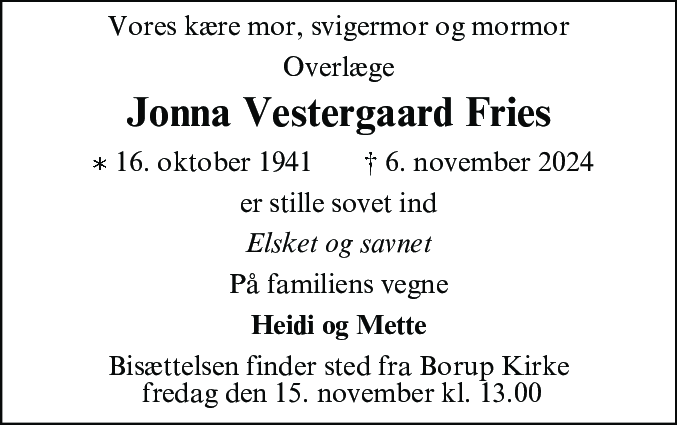 Dødsannonce for Jonna Vestergaard Fries