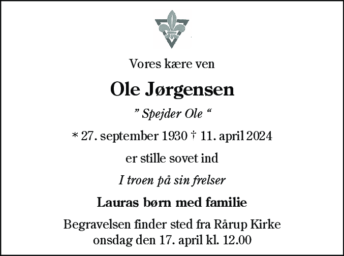 Dødsannonce for Ole Jørgensen