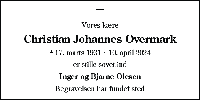 Dødsannonce for Christian Johannes Overmark