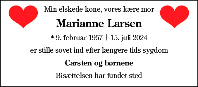 Dødsannonce for Marianne Larsen