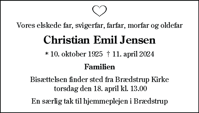 Dødsannonce for Christian Emil Jensen
