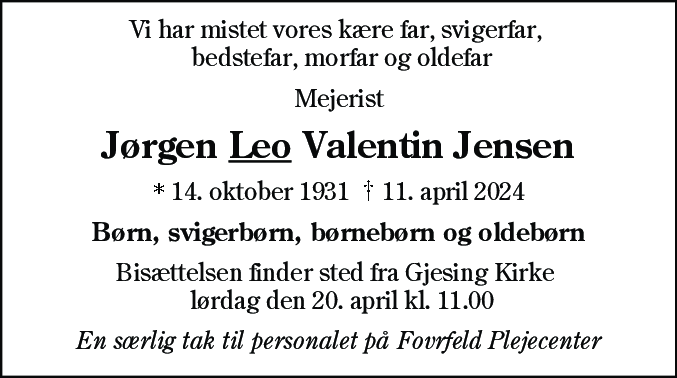 Dødsannonce for Jørgen Leo Valentin Jensen