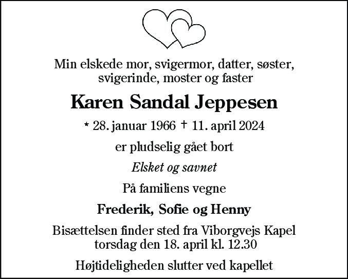 Dødsannonce for Karen Sandal Jeppesen
