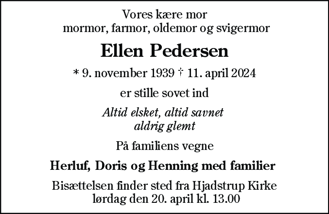 Dødsannonce for Ellen Pedersen