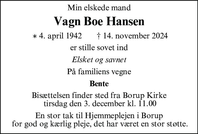 Dødsannonce for Vagn Boe Hansen