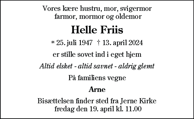Dødsannonce for Helle Friis