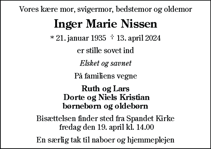 Dødsannonce for Inger Marie Jensen Nissen