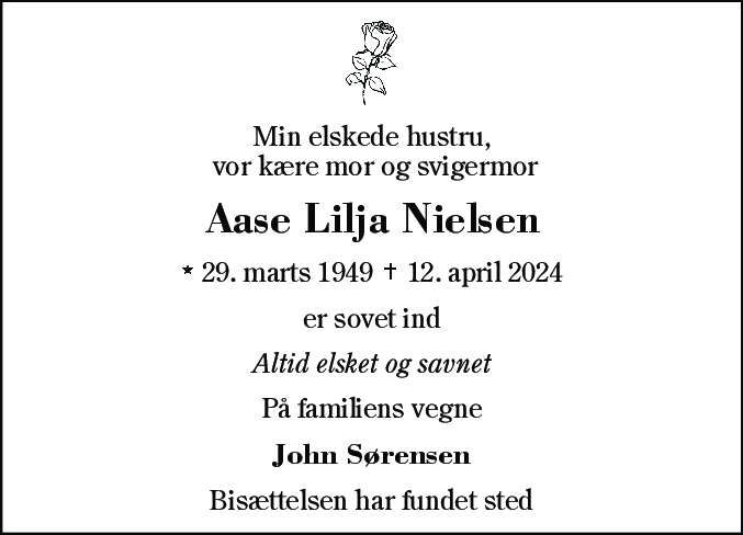Dødsannonce for Aase Lilja Nielsen