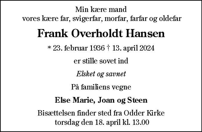 Dødsannonce for Frank Overholdt Hansen