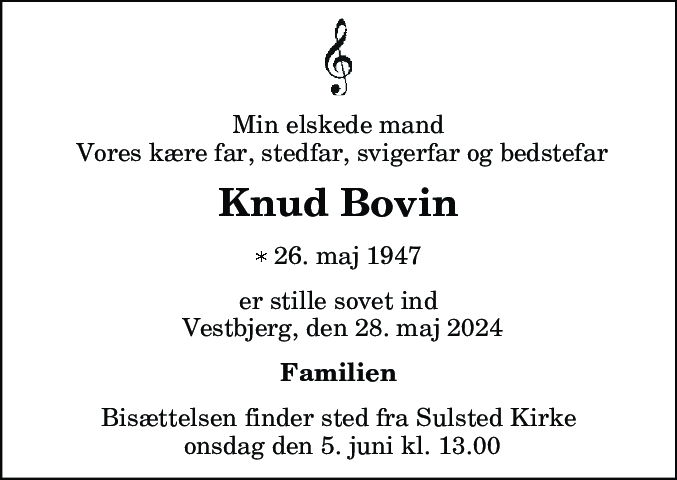 Dødsannonce for Knud Bovin