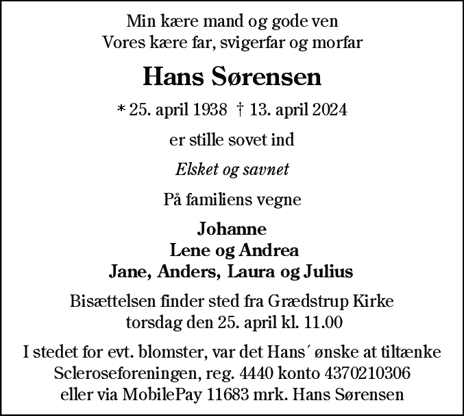 Dødsannonce for Hans Sørensen
