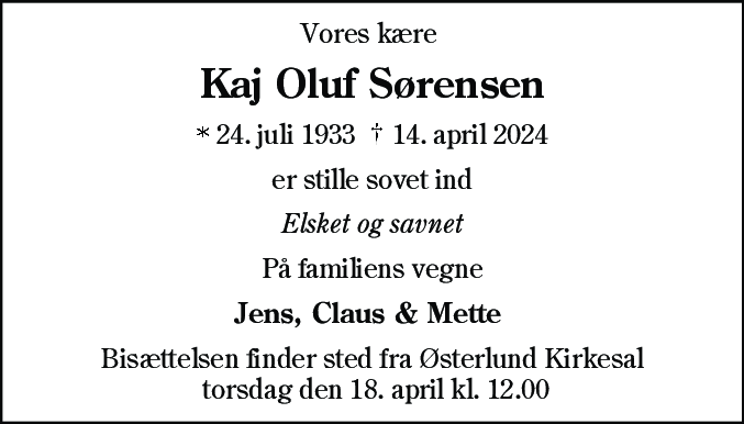 Dødsannonce for Kaj Oluf Sørensen