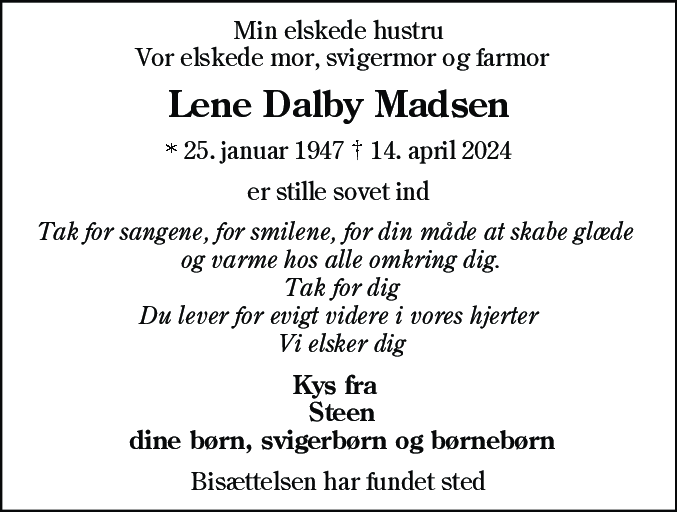 Dødsannonce for Lene Dalby Madsen