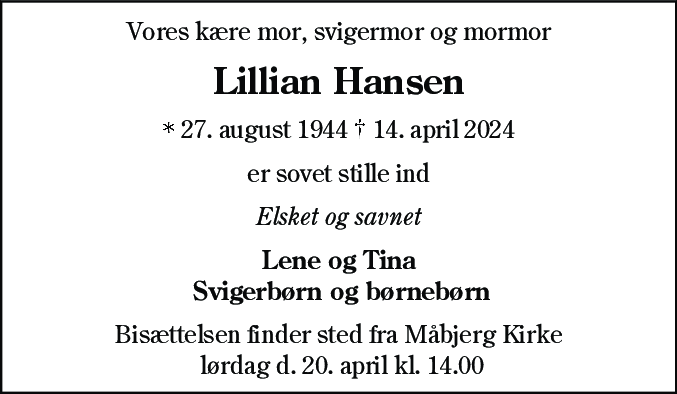 Dødsannonce for Lillian Hansen