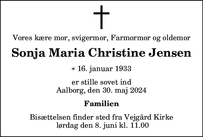 Dødsannonce for Sonja Maria Christine Jensen