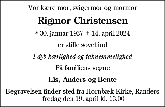 Dødsannonce for Rigmor Christensen