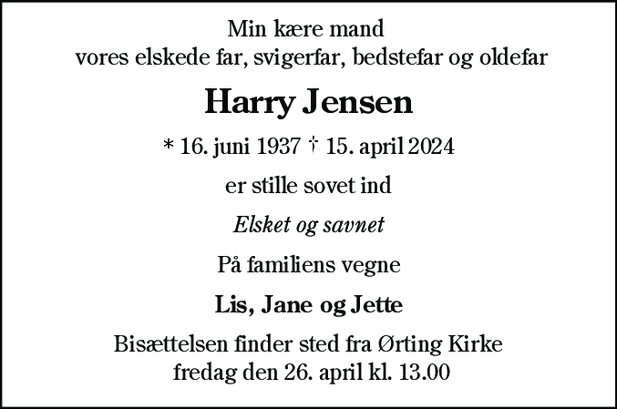 Dødsannonce for Harry Jensen