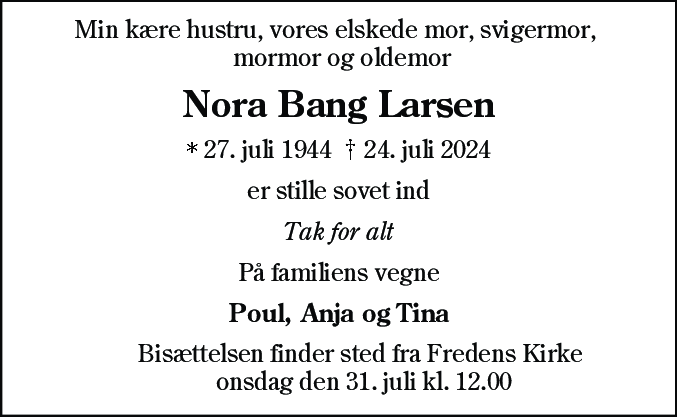 Dødsannonce for Nora Bang Larsen