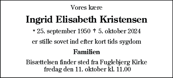 Dødsannonce for Ingrid Elisabeth Kristensen