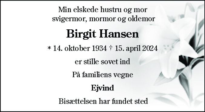 Dødsannonce for Birgit Hansen