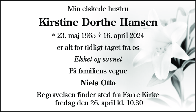 Dødsannonce for Kirstine Dorthe Hansen
