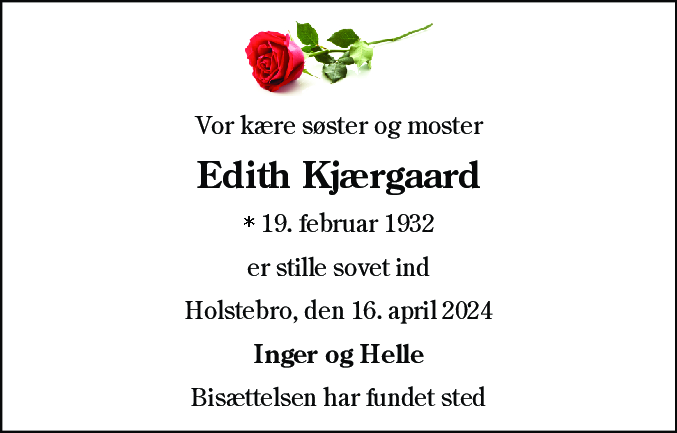 Dødsannonce for Edith Kjærgaard