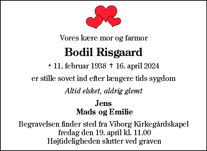 Dødsannonce for Bodil Risgaard