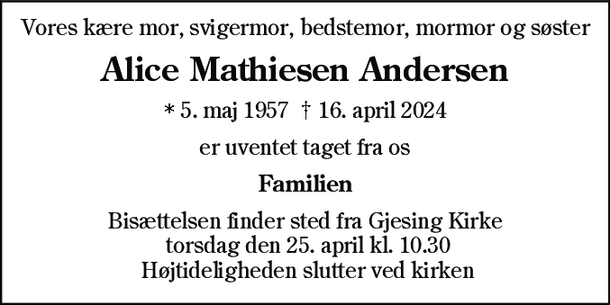 Dødsannonce for Alice Mathiesen Andersen